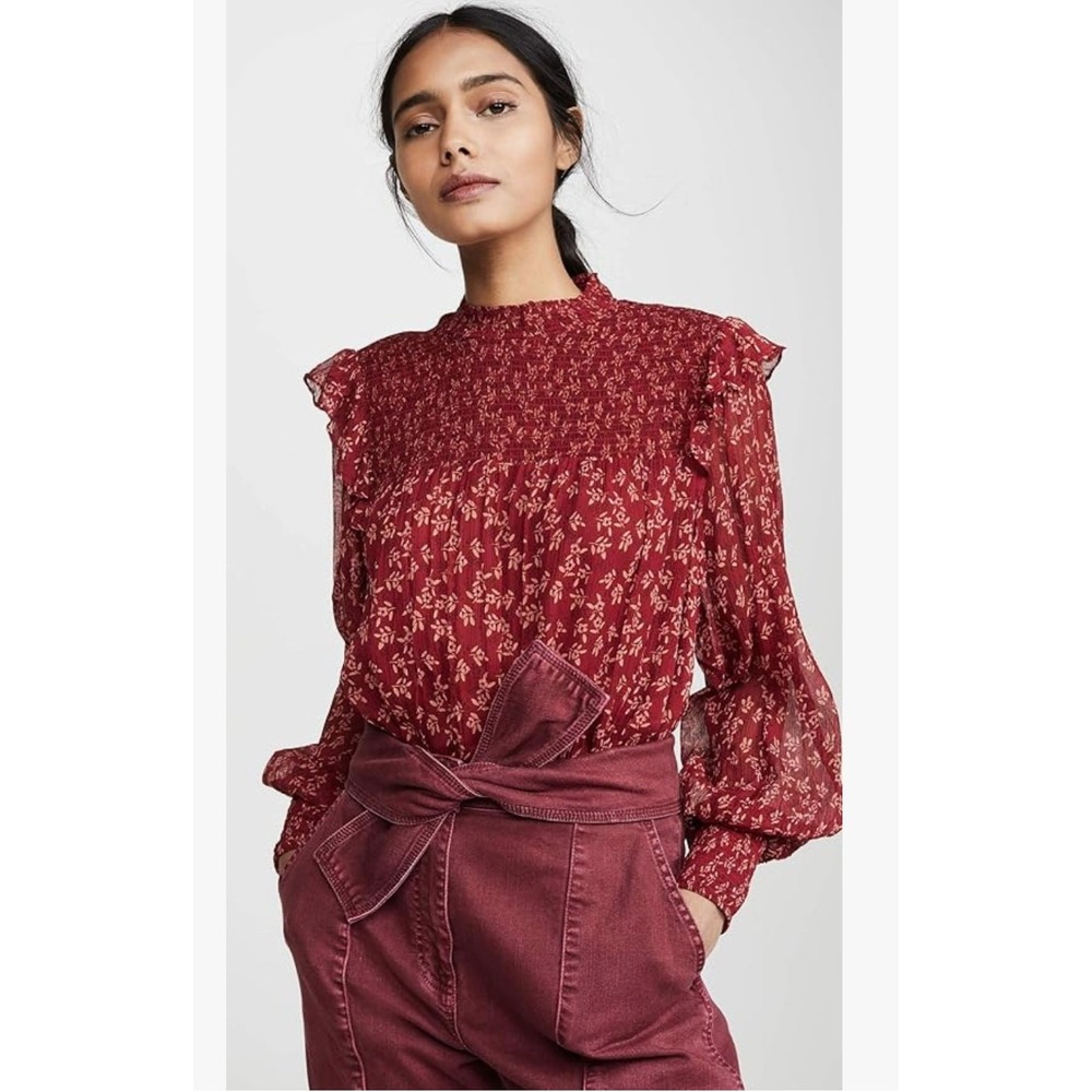 Free People‎ Roma Blouse M Smocked Floral Drop Shoulder Boho Cottagecore